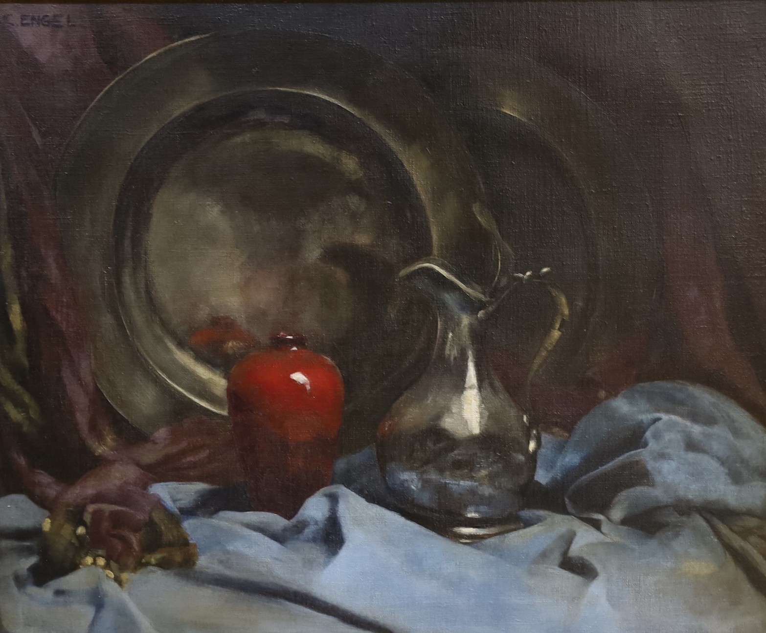 C. Engel, oil on canvas, still life of a vase and pewter ware, signed, 52 cm at 62 cm